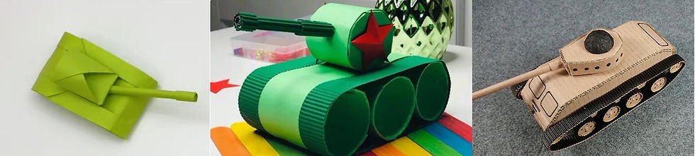 Collage of photos of origami, paper roll, and cardboard tank crafts.