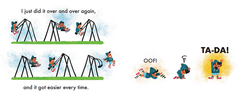Internal spread - on the left, six "stop motion" still of a boy swinging high and jumping from the swing. On the right, the boy lands sprawled on his stomach, kneels with a "squwiggle" above his head, then stands tripumphantly with fist raised over his head.