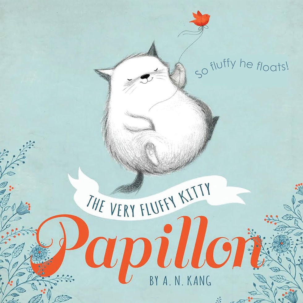 Book cover - fluffy cat floating, holding onto the string attached to a red bird.