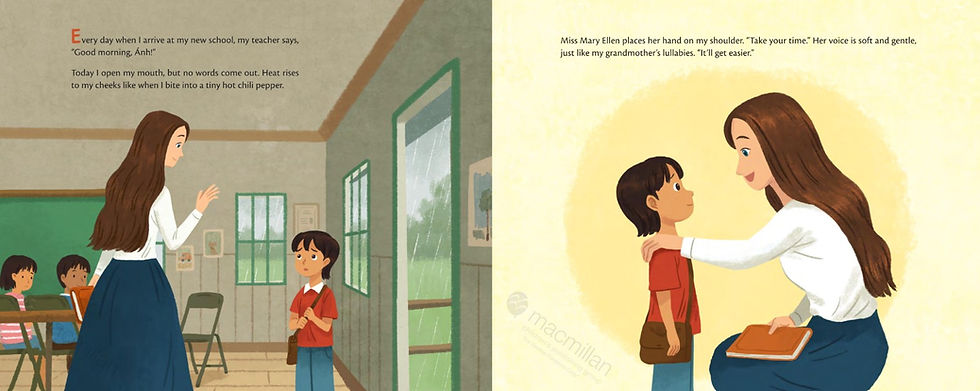 Interior spread - on the left a teacher welcomes a girl to class. On the right, the teacher squats to compassionately encourage the girl.