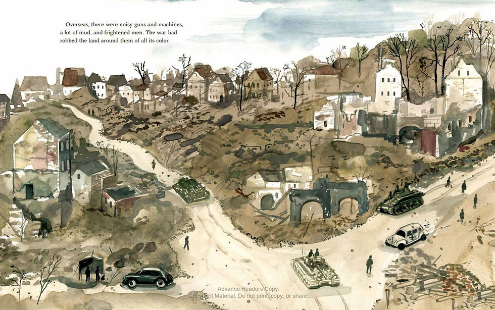 Internal spread - tanks and an ambulance roll throough a bombed, desolate, and grey and brown town.