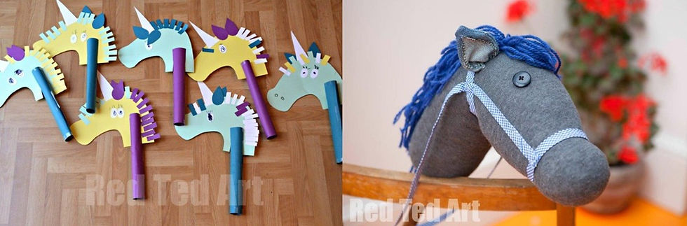 Collage of paper stick horse (unicorn) and a sock stick horse.