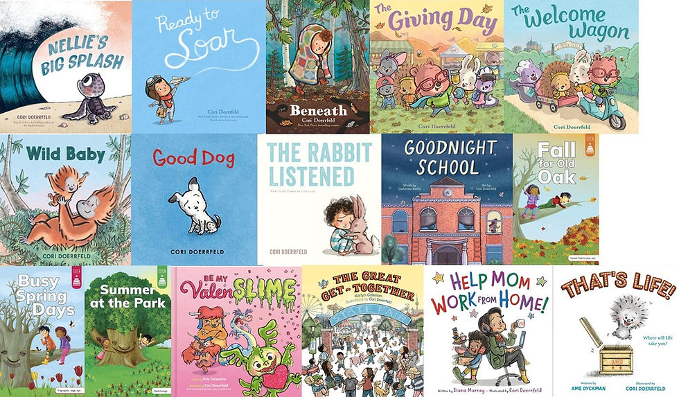 Collage of the covers of sixteen of Cori Doerrfeld's books.