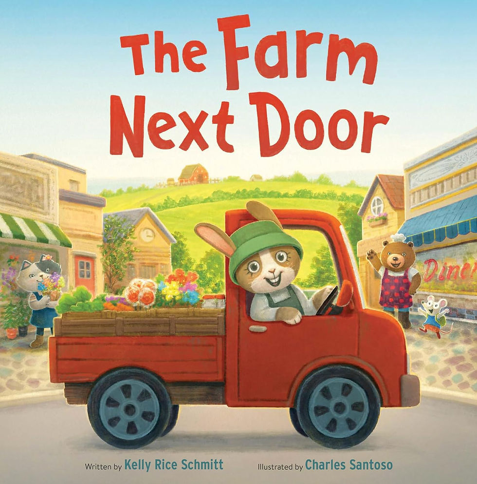 Book cover - a bunny drives a truck full of flowers and produce into town, where a cat, mouse, and bear wave a welcome.
