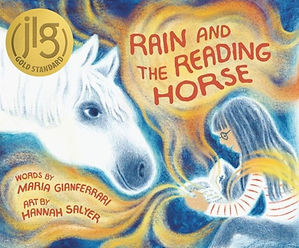 Book cover - white horse head on the left listening as a girl reads.