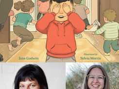Collage of book cover - with a child standing in a room with hands over his eyes as four other kids run off to hide - and photos of author Jane Goodwin and illustrator Sylvia Morris.