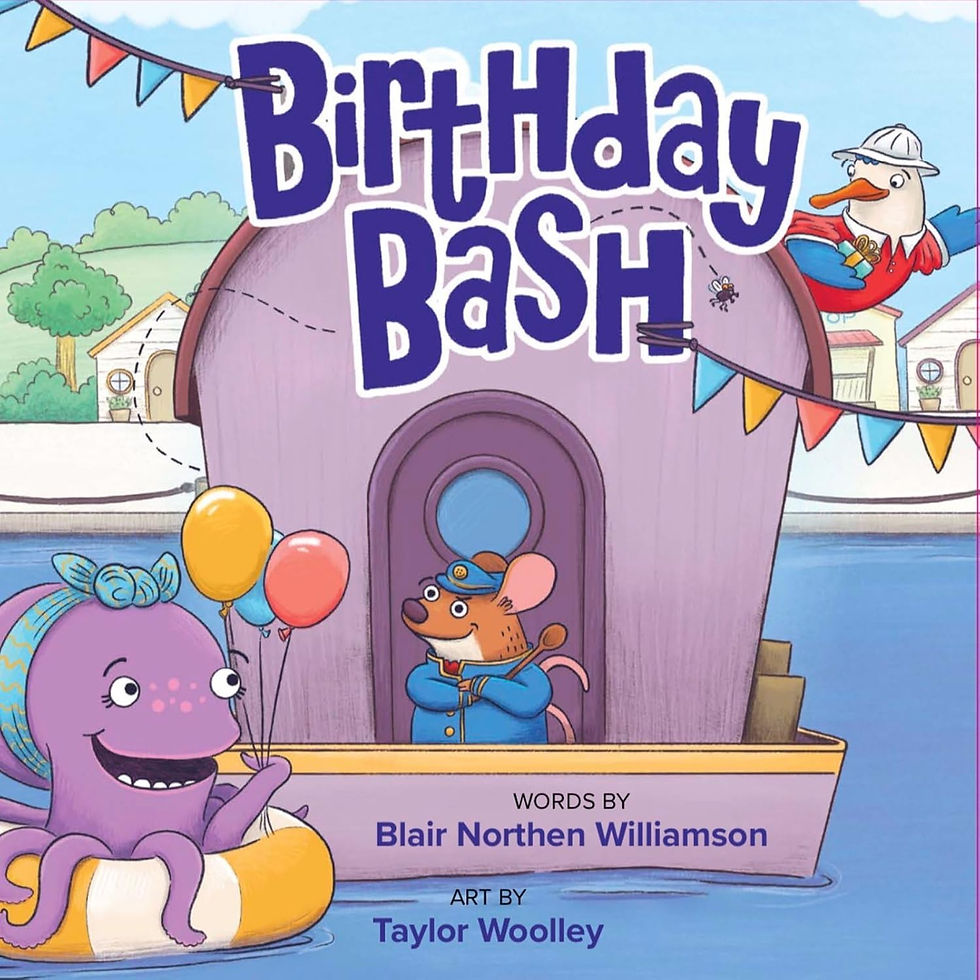 Book cover - a mouse standing in the doorway of a floating houseboat, glares at an octopus in a floating ring, carrying balloons, With a bird perched on the roof.