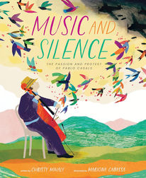 Book cover - a man sitting and playing a cello as birds fly into the air as planes emerge from a dark cloud in the upper right.