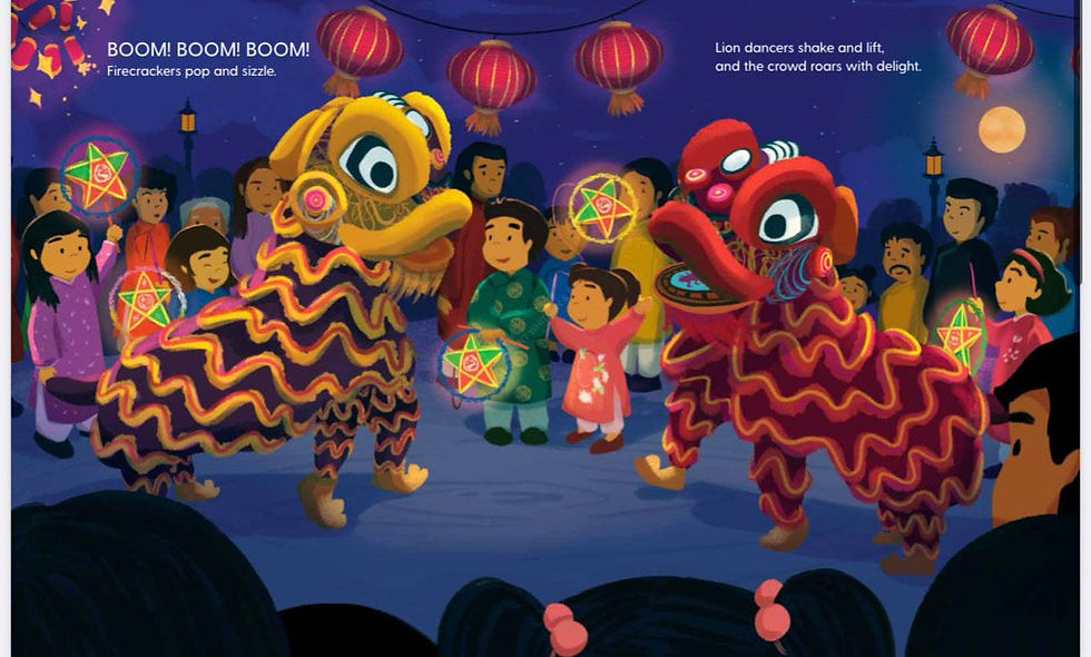 Internal spread - four dancers in two lion costumes (one yellow & one red) dance in front of families holding star shaped lanterns, with fireworks going off in the background.