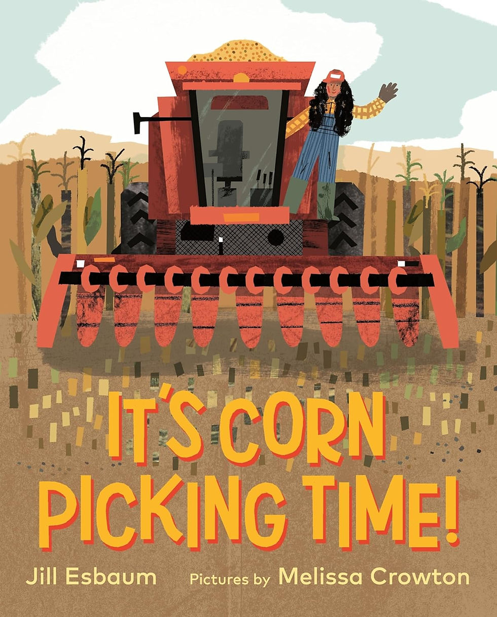Book cover - a female farmer stands, waving, from a combine filled with harvested corn as it moves out of the field.