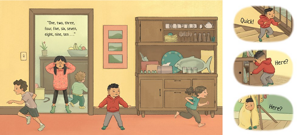 Internal spread - on the left, a girl stands in a doorway, eyes covered & counting to ten, as three kids scatter in different directions. On the right - a girl dashes past and then three spot illustrations show a boy running up stairs, looking into a cupboard, and standing inside a coat which is hanging on a coat rack.