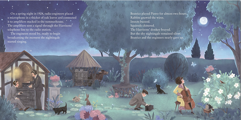 Internal spread - on the left, two engineers man recording equipment in a summer house as wires weave through the garden past dogs, rabbits, and a donkey. On the right, an enigeer squats on the ground with a box connected to a microphone in a bush, with a woman playing a cello to a nightingale perched in the shrub.