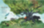 Internal spread - a massive oak tree, with a tiny hint of red in a few leaves. As a squirrel runs toward its base, two blue jays swooping up, two mice collect acorns, an owl perched on a branch, and a black bear stands next to it.