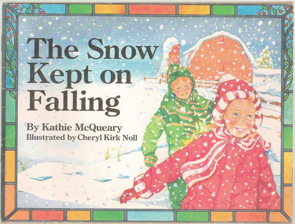 Book cover - two kids in puffy coats and hats run through the snow, with a barn in the background.