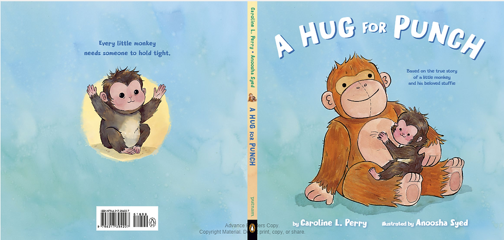 Book cover - on the left, a little baby macaque monkey sits with arms raised. On the right, a baby macaque monkey hugs a stuffed monkey.