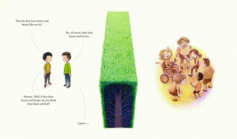 Internal spread - on the left, two boys stand talking together near a hedge in the center on the book. On the right, a group of six diverse kids laugh and play together, next to the other side of the hedge.