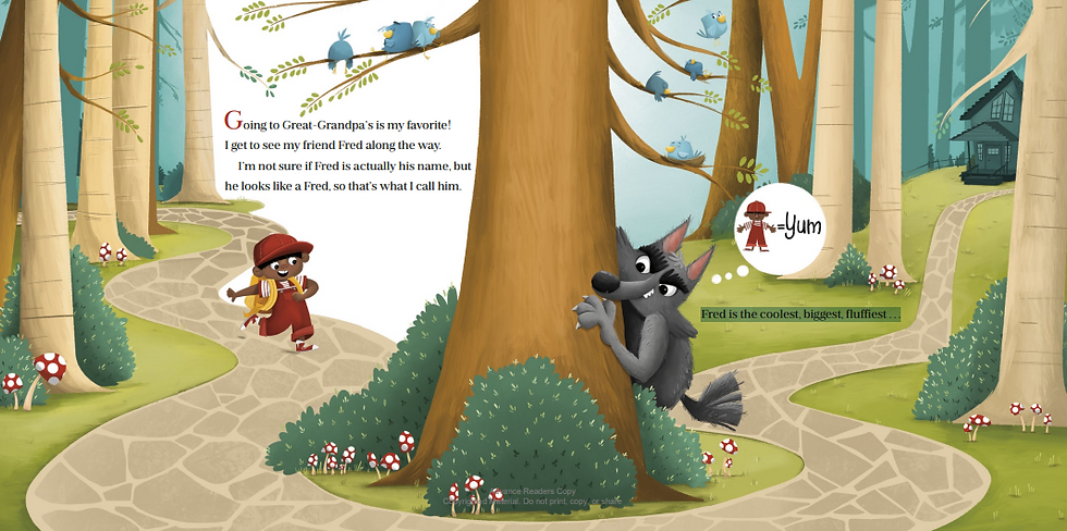 Internal spread - on the left, a young boy walks down a cobble trail into the woods. On the right, hiding behind a tree is the big, bad wolf. A cabin stands in the background. Seven blur birds cluster about on the tree's branches or in a nest.