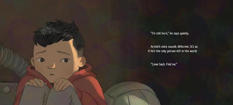 Internal spread -a boy sitting, with his hands on his knees, alone in a dark cupboard