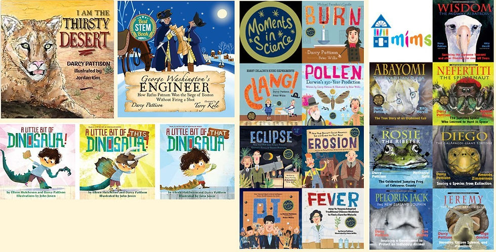 Photo Collage of the covers of Darcy Pattison's 5 newest picture books and the 7 "Moments in Science" and 7 "Another Extraordinary Animals" series.