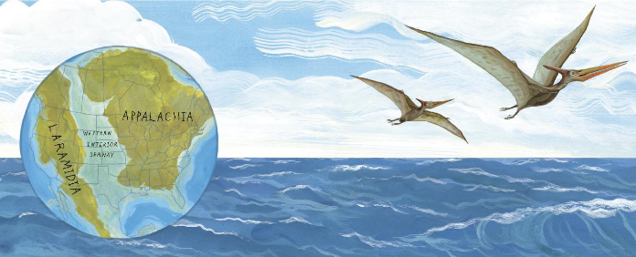 Internal spread - on the left, a globe is imposed on the water showing the Western Interior Seaway. On the right, two Pteranodon swoop through the sky over an ocean.