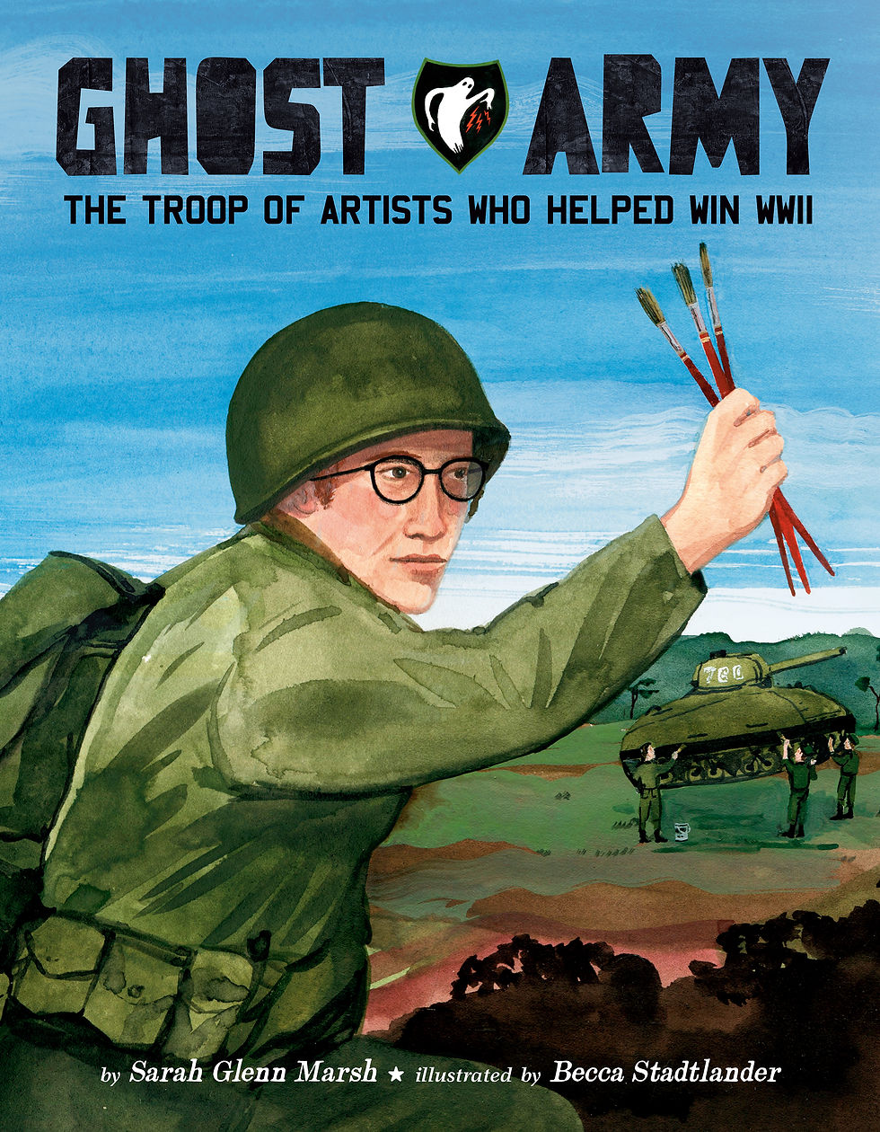 Book cover - an artist soldier holds three paint brushes aloft as others paint a fake rubber tank in the background.