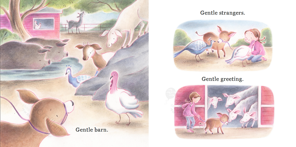 Internal spread - on the left a barnyard scene a calf looking at a turkey, peacock, and goat around a rock upon which a lamb stands. Two pigs in a puddle and achicken in the barn window. Upper right, a peacok and calf watch a turkey hug a girl. Lower right, a gile an calf peak into a barn door with four sheep looking out.