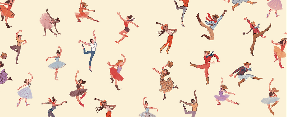 End pages - 27 dancers in both traditional ballet attire and cowboy outfits doing different ballet poses & leaps.