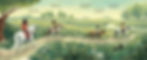 Internal spread - on the left, on a trail going up and down gentle rolling hills, a girl on her white pony follows behind a girl riding a brown and white paint pony. On the right, a boy on a brown pony follows after an adult on an appaloosa horse, as a dog runs through the meadow grass beside them.