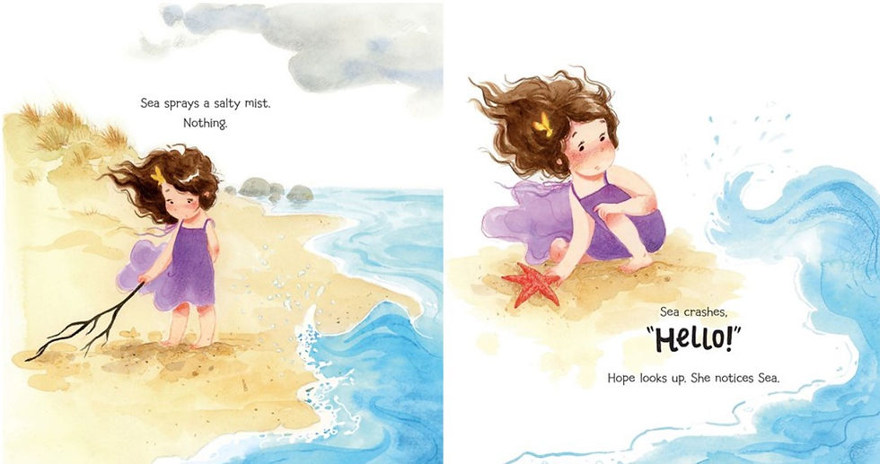 Internal spread - on the left young girl scratching design in sand with a stick. On the right, a crashing wave catches the girl's attention.