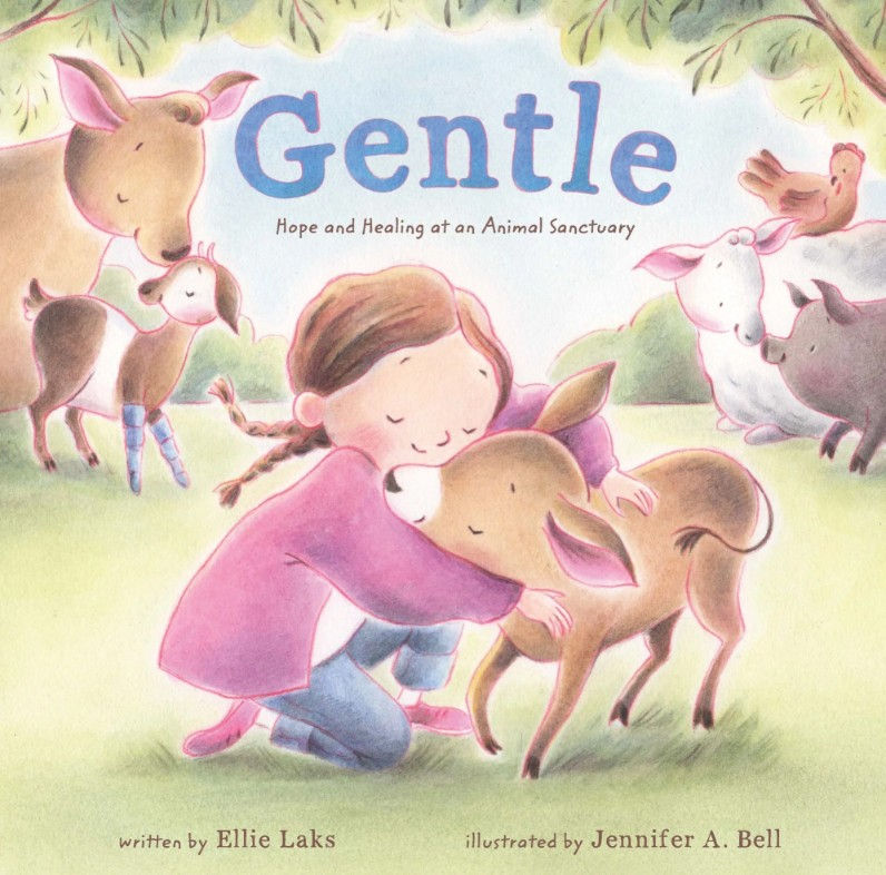 Book cover - a girl hugging a calf by barn animals - Cow, goat, lamb, pig, and chicken - nuzzling each other.