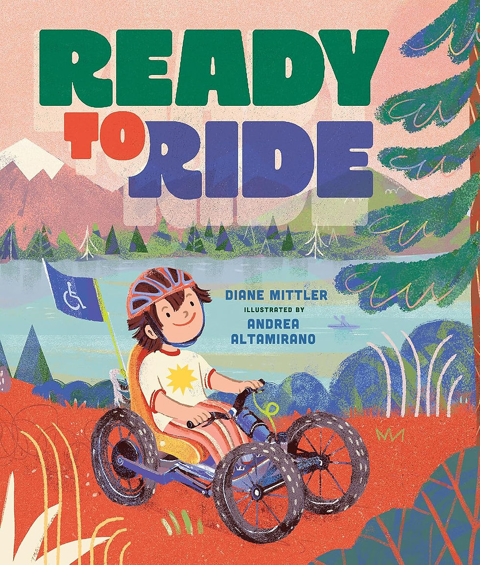Book cover - a child rides a four-wheel electric bike/chair on a trail around a mountain lake.
