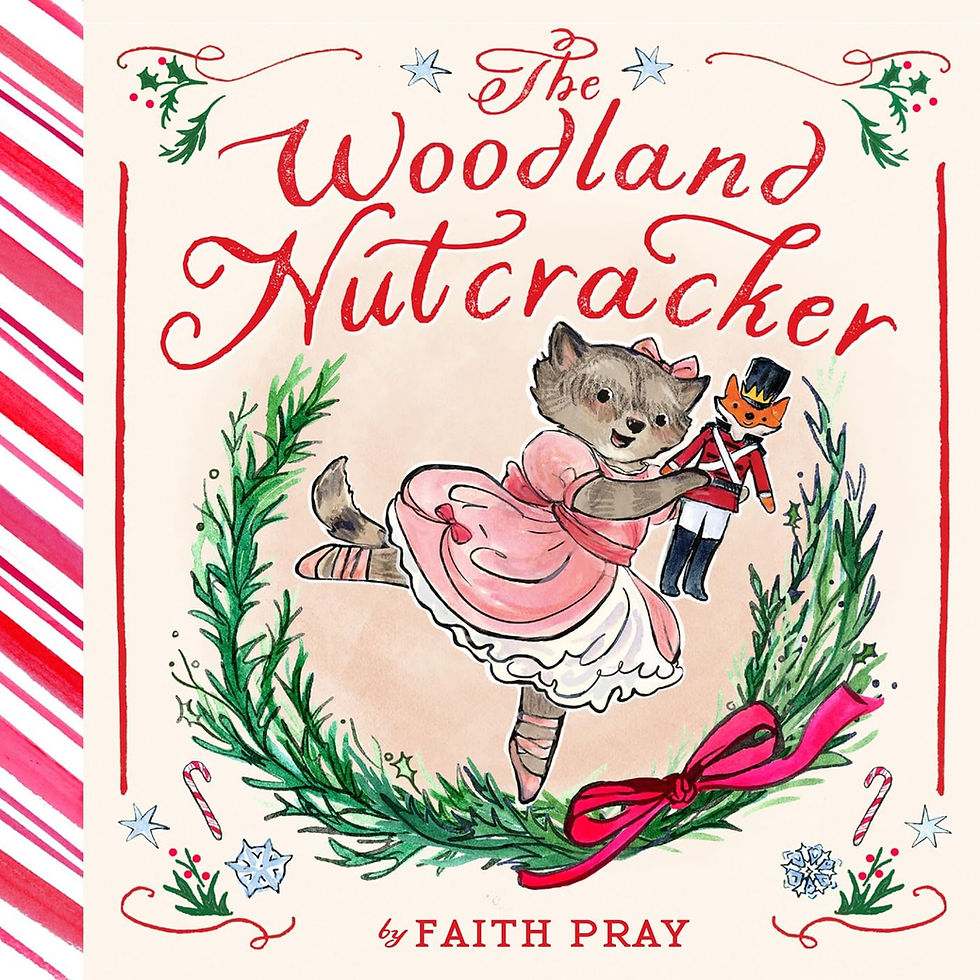 Book cover - a little cat, on pointe, holds a fox nutcracker doll with a curved arch of greenery tied with a bow, with candycanes and snowflakes on the edges.