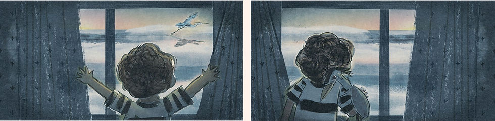 End pages - on the left a boy looks out a window with with "bird footprint" patterns on the curtains watching a heron skim the water at sunrise. On the right, same boy & window, now boy hugs a stuffed heron and watches another sunrise.