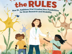 Book Cover - a woman doctor and two kids (one on crutches and the other flowing dandelion seeds) stand in a garden where the trees and big bushes look like brain cells and dandelions in the foreground.