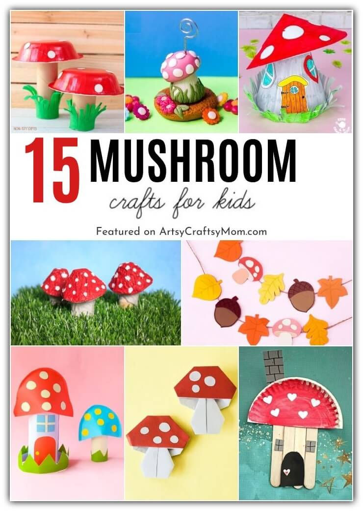 Collage of 8 mushroom crafts using items around the house.
