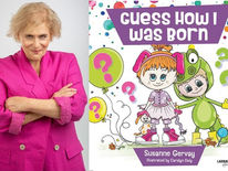 On the left - a photo of author Suzanne Gervay. On the right - the book cover, with a girl dressed as a pink dog and boy as a green dinosaur, with question marks and balloons floating around them..