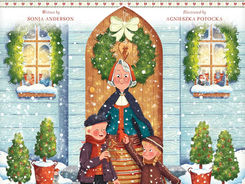 Book Cover - standing in front of a house decorated for Christmas, a boy and a girl hold up Dala horses in front of their grandmother.