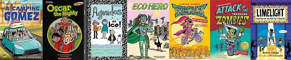 Collage of seven of Chuck Gonzales' books.