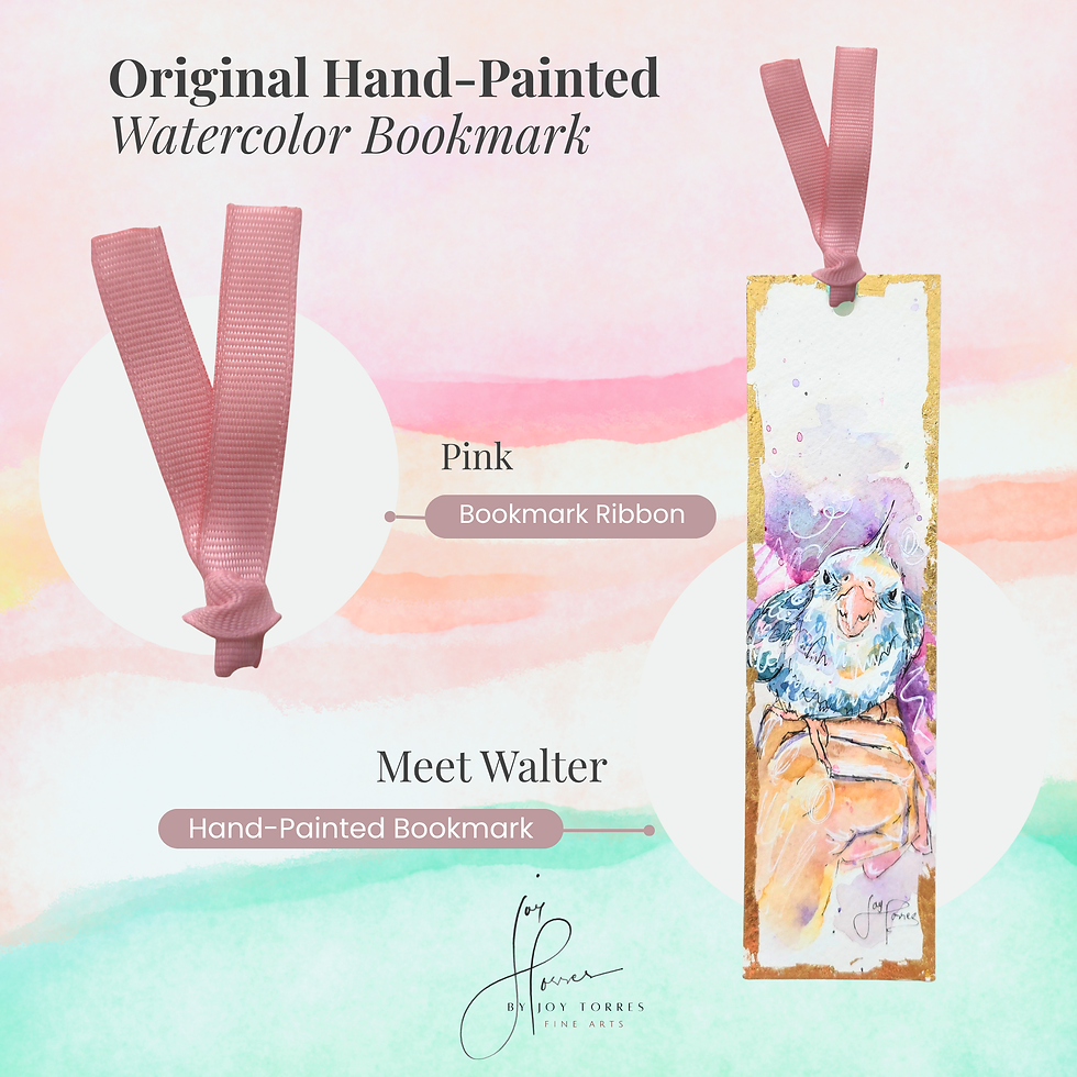 Thumbnail: Hand-painted bookmark with pink ribbon of Walter, a cockatiel in watercolor