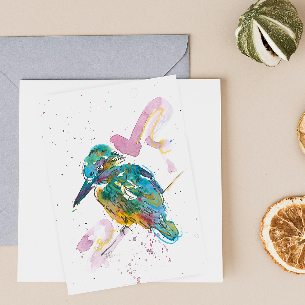 Postcard-sized watercolor painting of a bird displayed on a white card and gray envelope