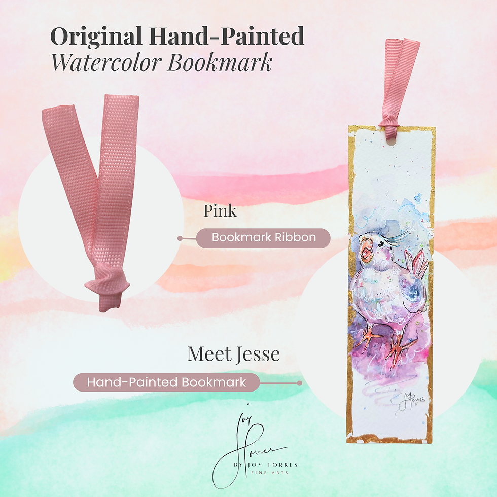 Thumbnail: Hand-painted bookmark with pink ribbon of Jesse, a cockatiel in watercolor