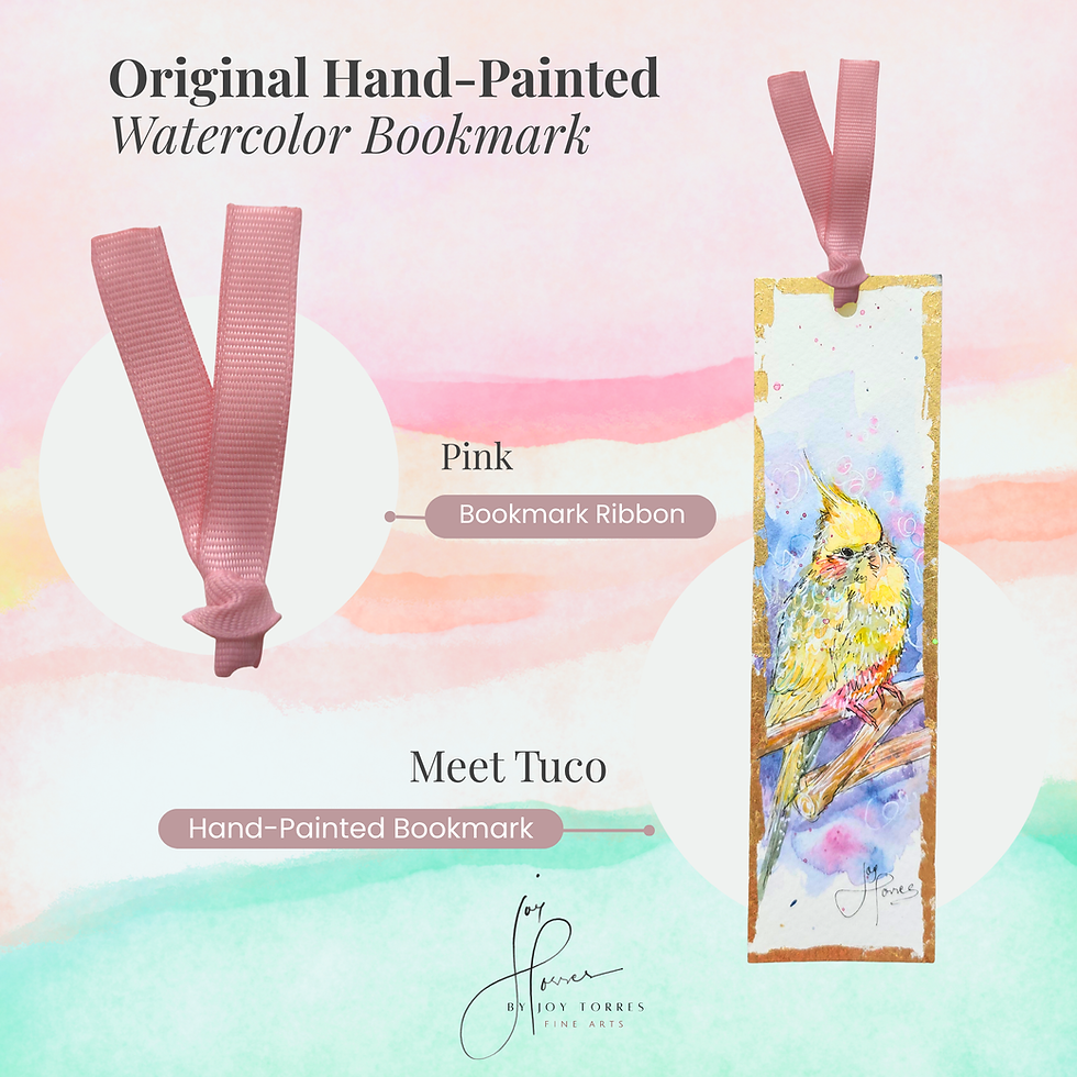 Thumbnail: Hand-painted bookmark with pink ribbon of Tuco, a cockatiel in watercolor
