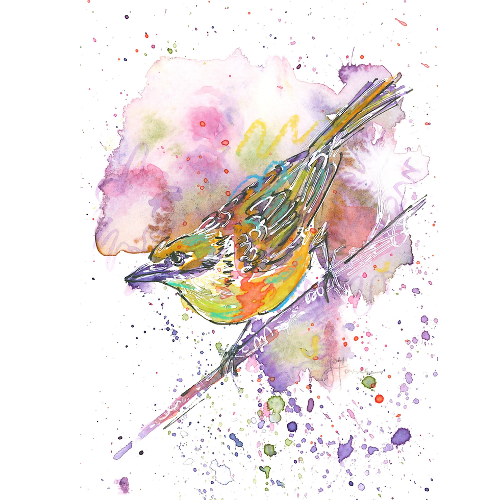 Watercolor painting of a colorful bird perched on a branch.