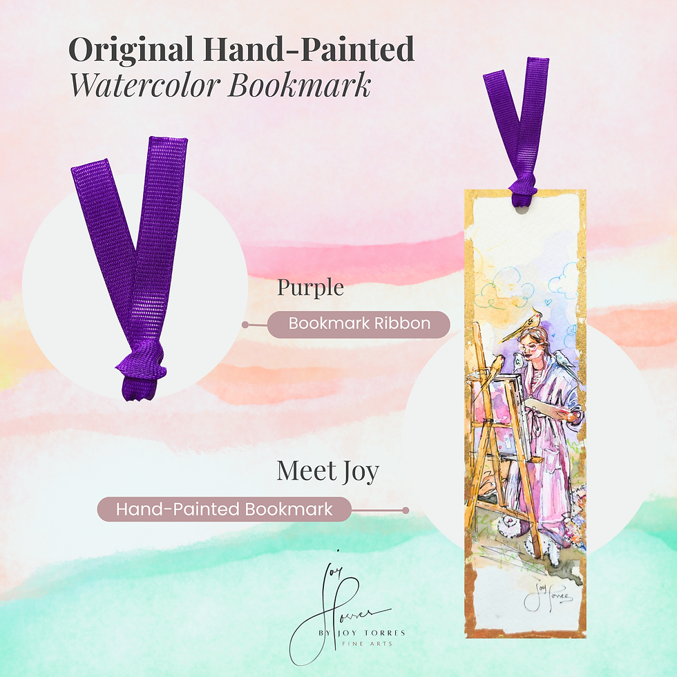 Thumbnail: Watercolor bookmark with purple ribbon showing an artist painting with four cockatiels