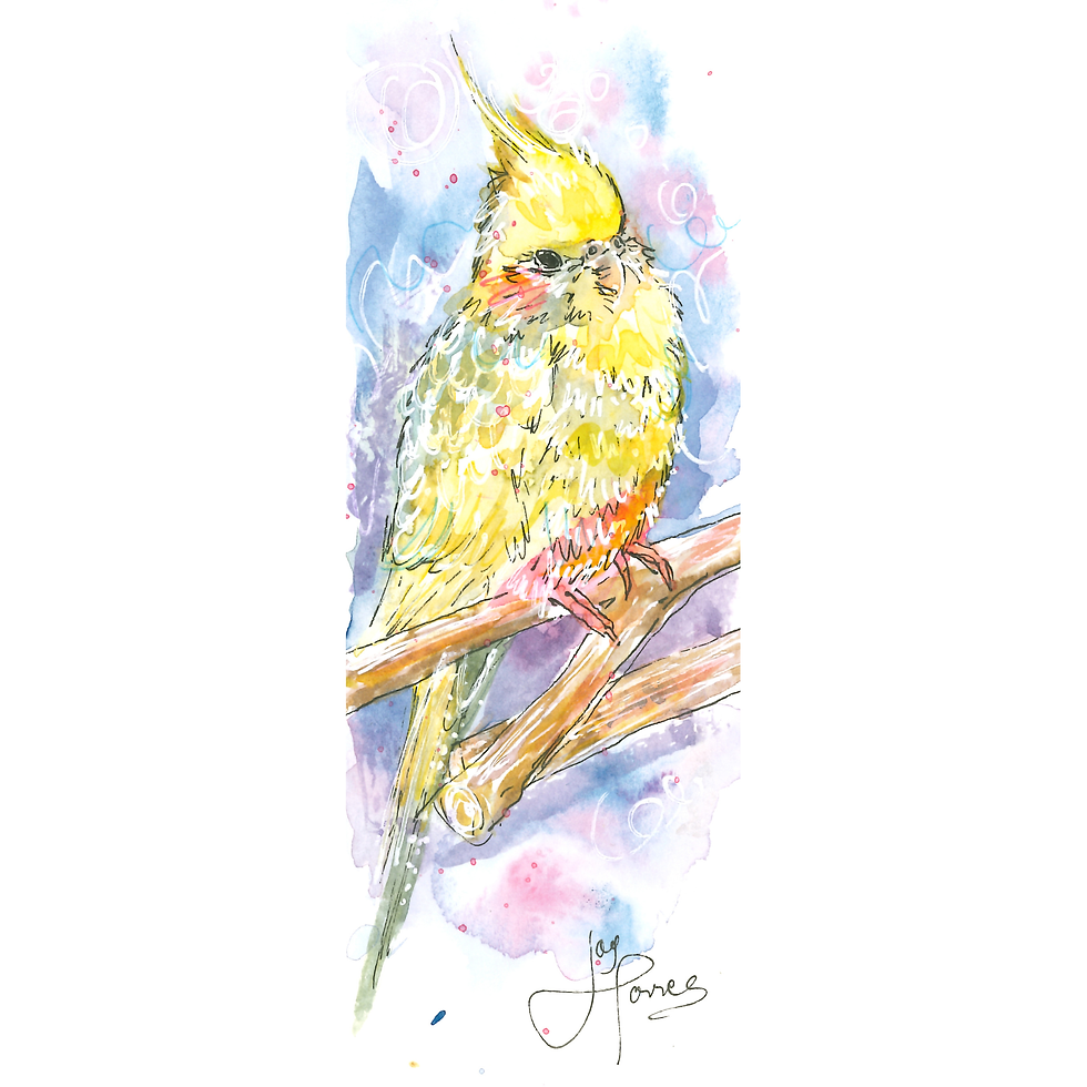 Hand-painted bookmark of Tuco, a cockatiel in watercolor