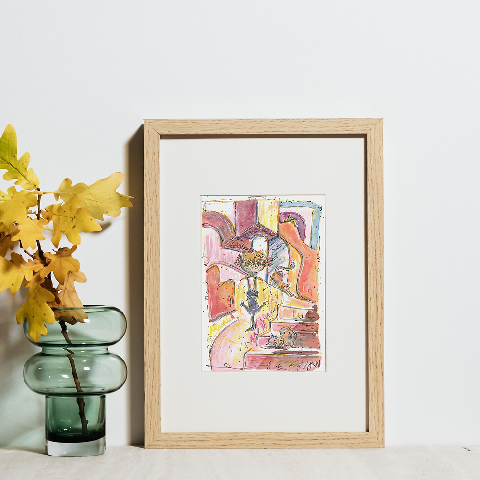 Framed original watercolor painting of The Staircase Society displayed in a home setting
