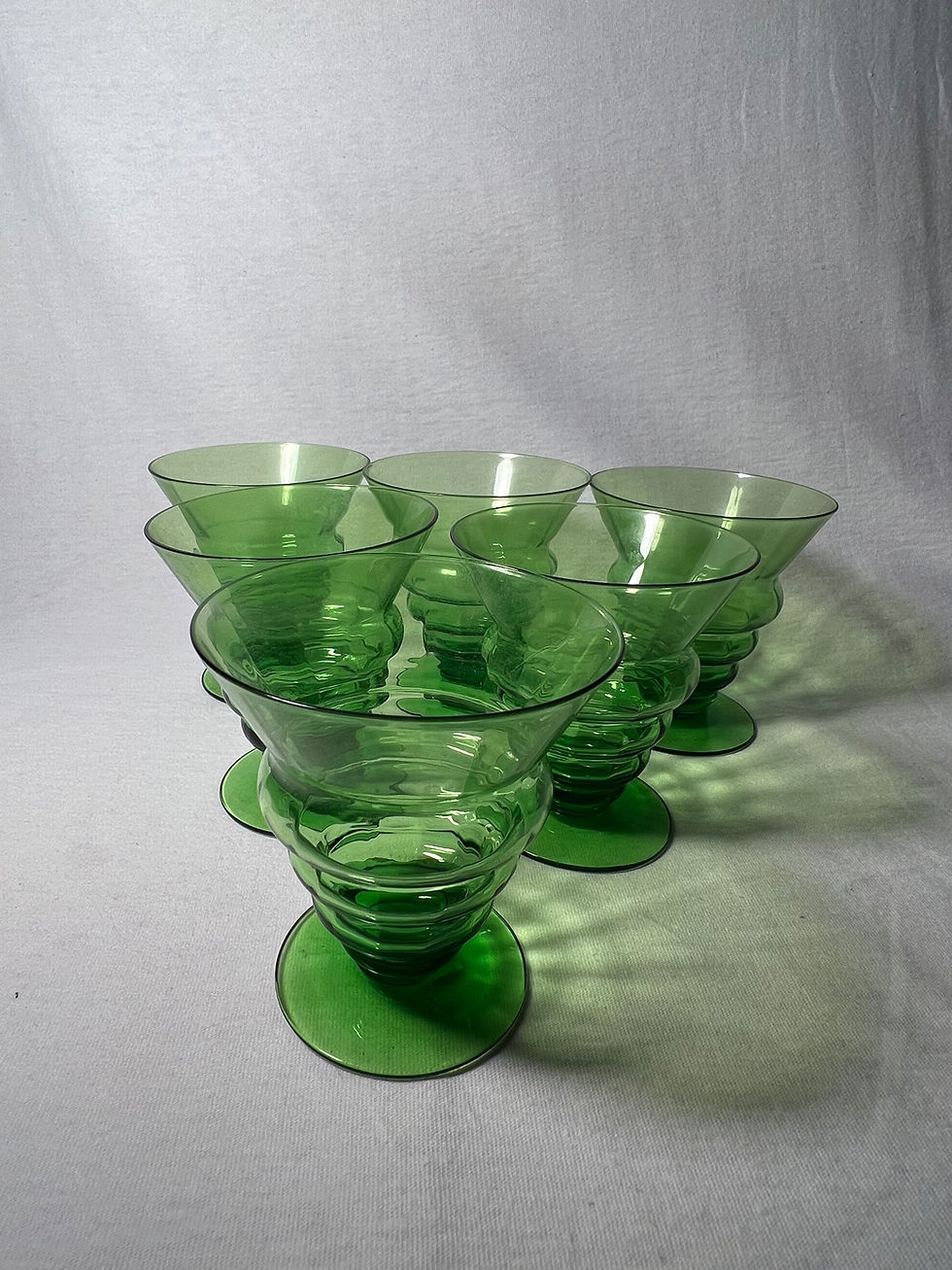 Thumbnail: Mid-century Retro Atomic Rippled Footed Green Glass Set of 6 Glasses
