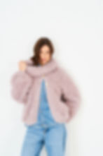 Loopy Knitted cardigan on a lady wearing a snood