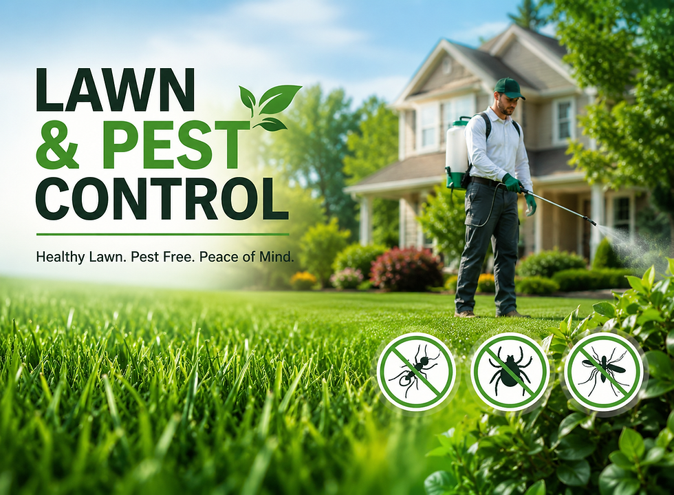 Professional lawn and pest control services with technician treating a residential lawn for mosquitoes, ticks, fleas, and out