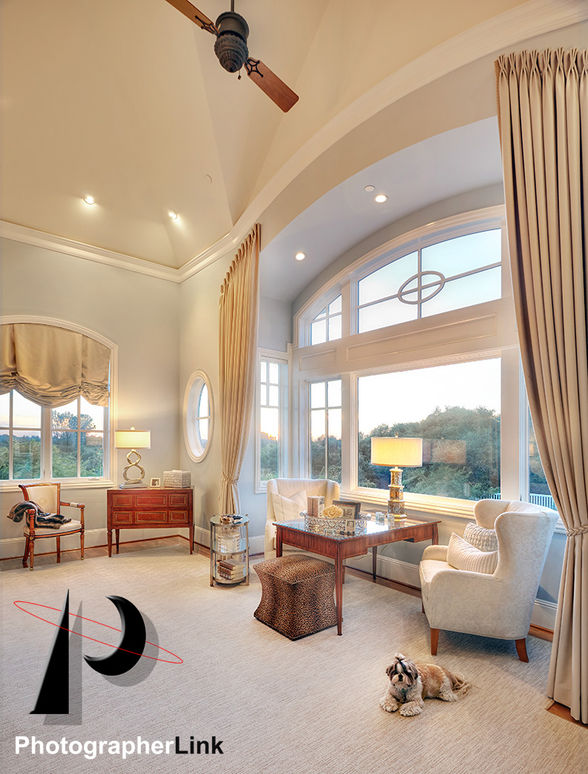 Bright, luxurious living room with tall vaulted ceiling, large windows, two elegant chairs, writing desk, and a small dog on the carpet
